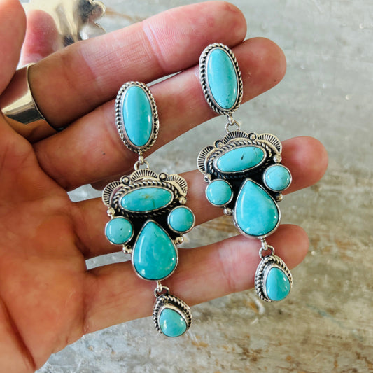 Navajo Signed Sterling Silver & Sonoran Turquoise Statement Earrings
