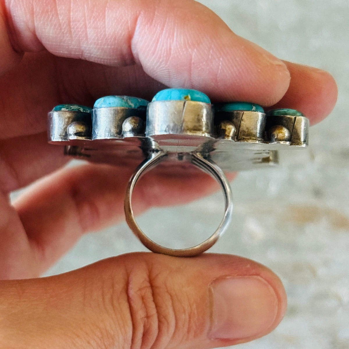 Navajo Paul Livingston Sterling Silver & Campitos Turquoise Cluster Statement Ring