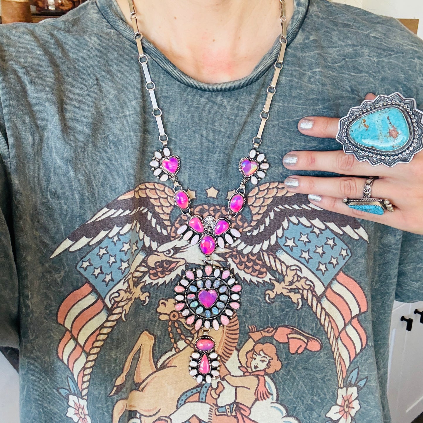 Navajo Hemerson Brown Sterling Silver - Opals & Shell Hearts Statement Necklace
