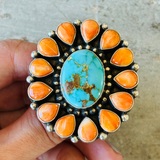 Navajo Readda Begay Sterling Silver - Orange Spiny & Royston Turquoise Cluster Ring
