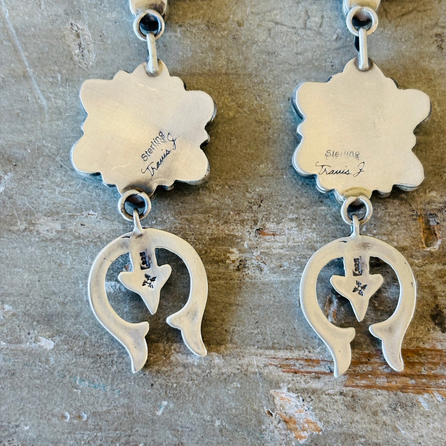 Navajo Travis Jim Sterling Silver & Kingman Turquoise Cluster Naja Earrings