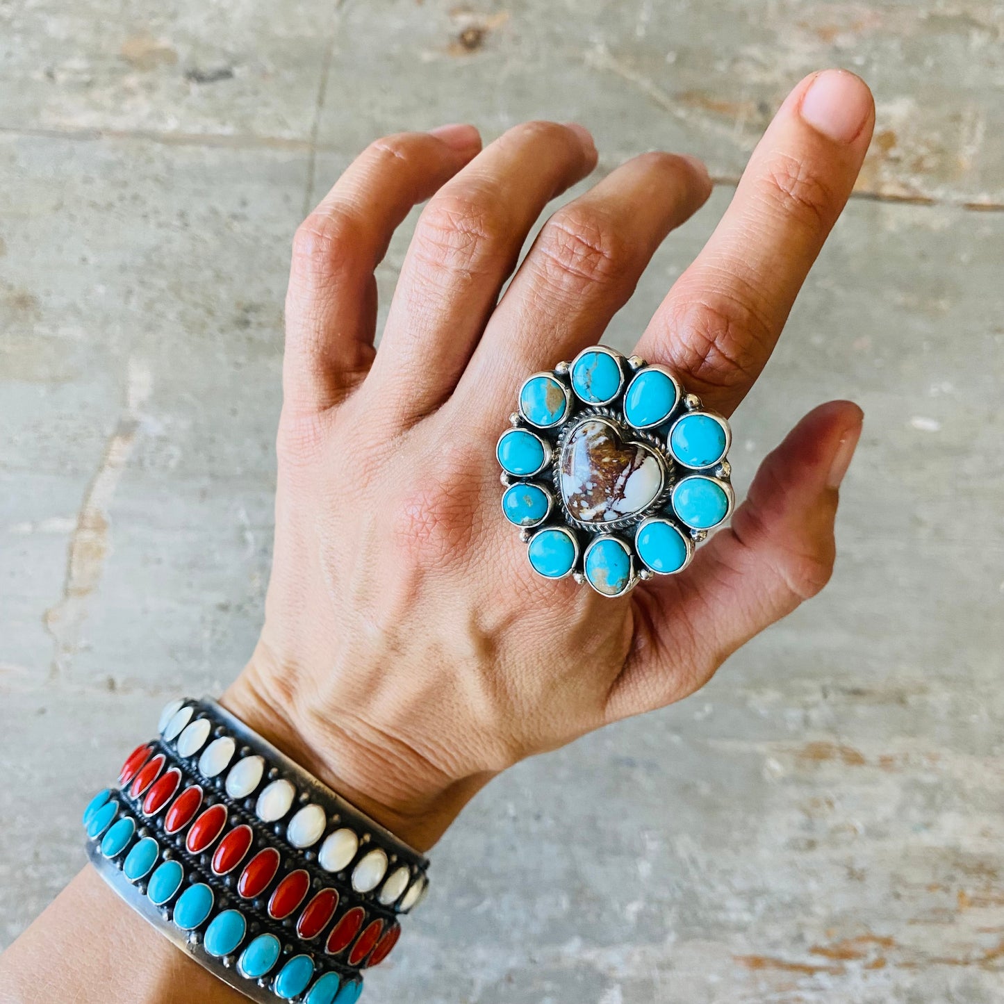 Navajo Geraldine James Sterling Silver - Wild Horse Jasper & Turquoise Heart Cluster Ring