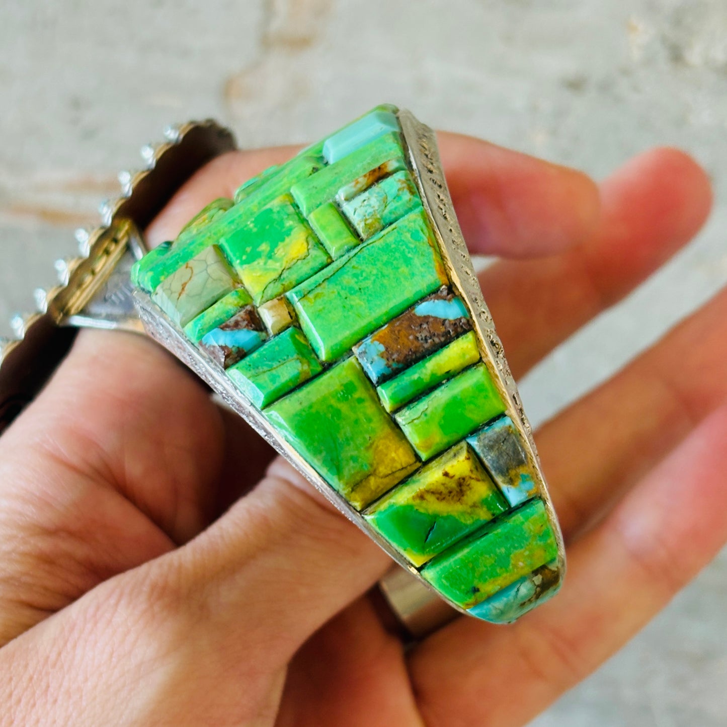 Navajo Lester James Sterling Silver - Gaspeite & Mixed Turquoise Cobblestone Cuff