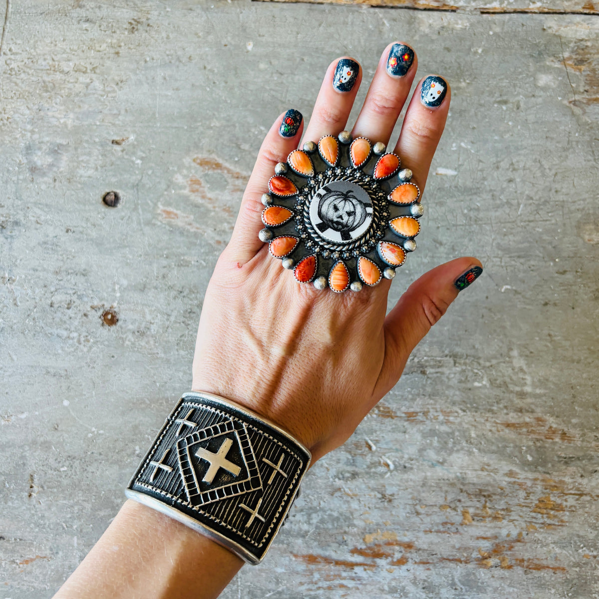 Navajo Kindale Billah Sterling Silver - Ceramic & Orange Spiny Oyster Cluster Pumpkin Ring