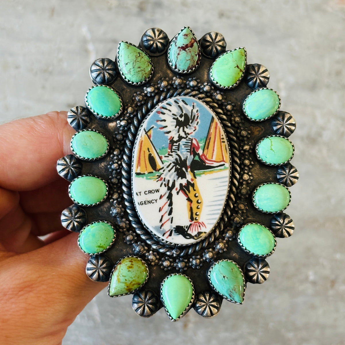 Navajo Kindale Billah Sterling Silver - Ceramic & Mojave Campitos Turquoise Chief Cluster Ring