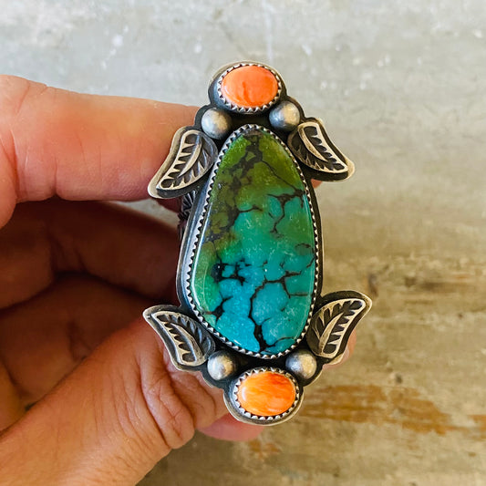 Navajo Derrick Cadman Sterling Silver - Orange Spiny & Turquoise Ring