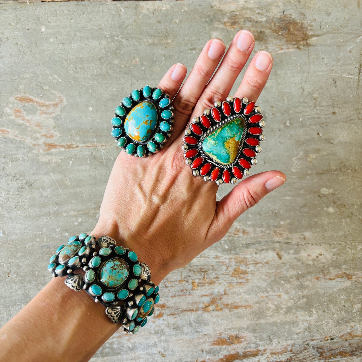 Navajo Paul Livingston Sterling Silver & Mixed Turquoise Cluster Cuff