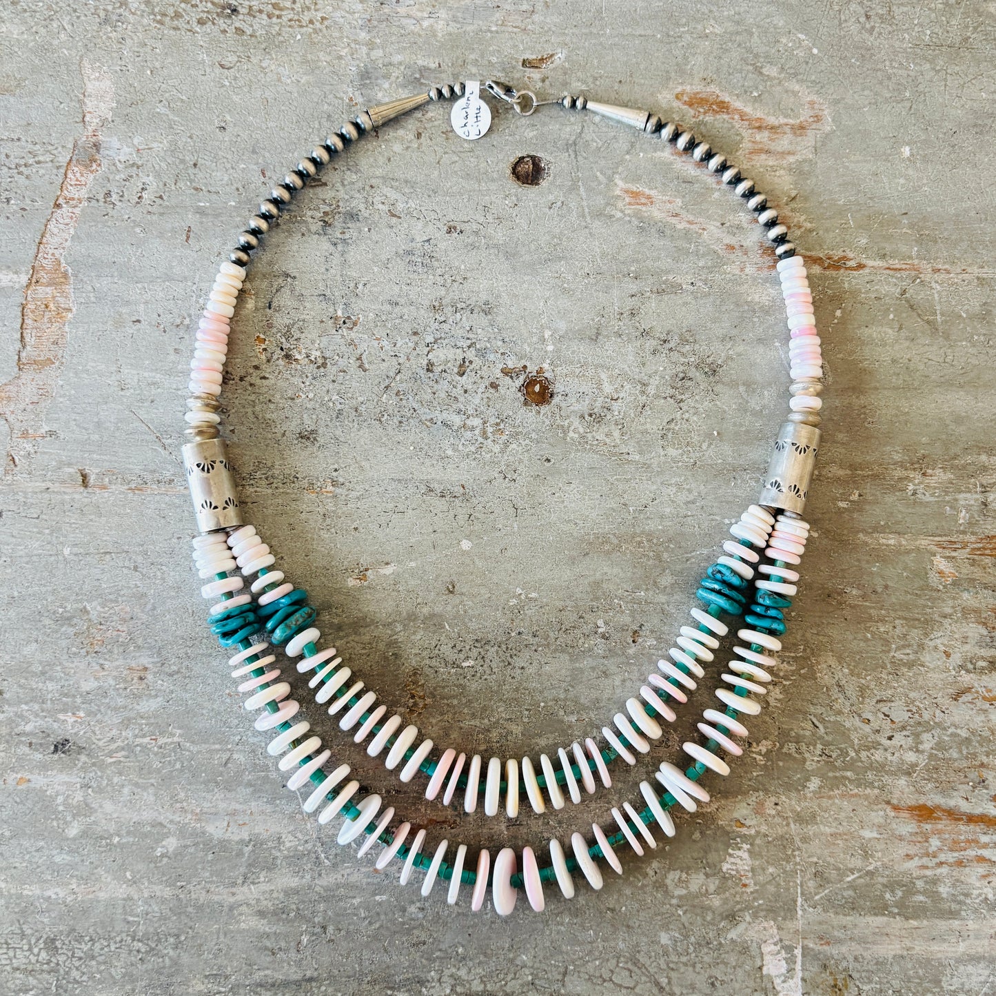 Navajo Charlene Little Sterling Silver - Pink Conch & Kingman Turquoise Statement Necklace