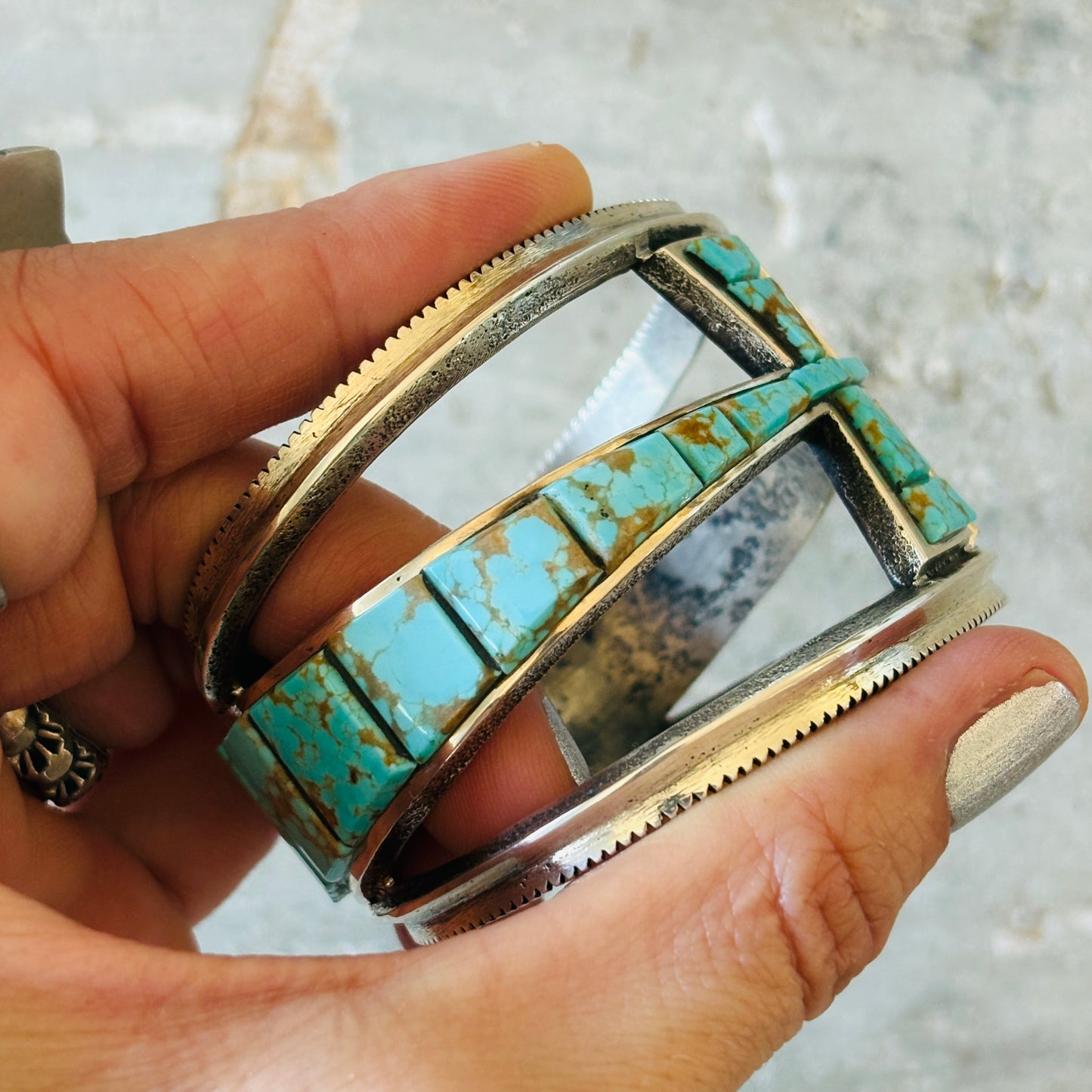Navajo Aaron Anderson Sterling Silver & Mixed Turquoise Tufa Cast Cobblestone Crosses Cuff