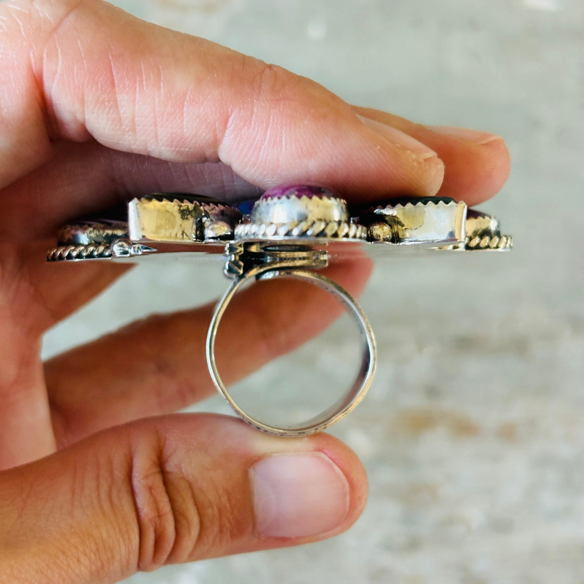 Navajo Hemerson Brown Sterling Silver Multi Stone Cluster Statement Ring