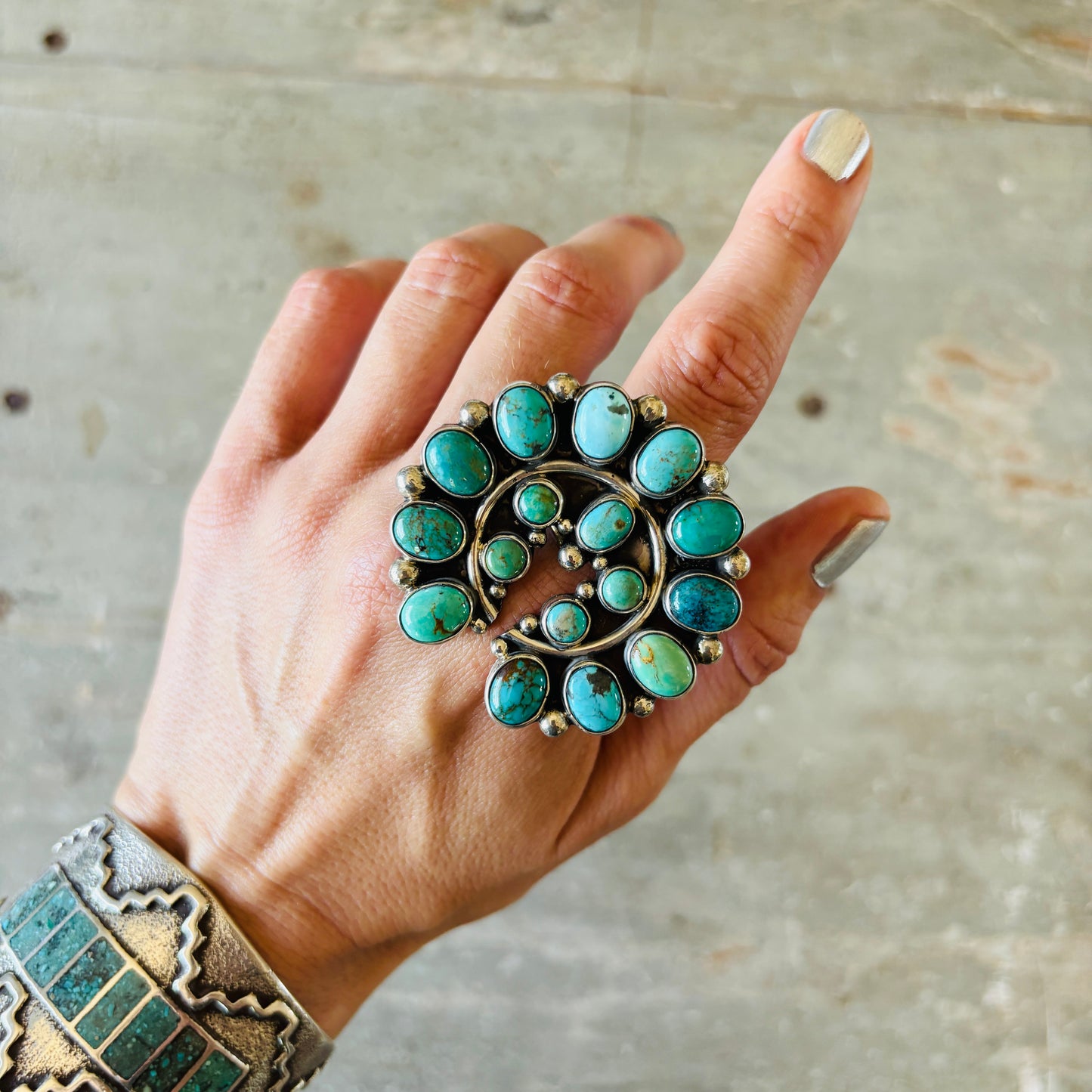 Navajo Melvin & Tiffany Jones Sterling Silver - Mixed Turquoise Cluster Naja Ring