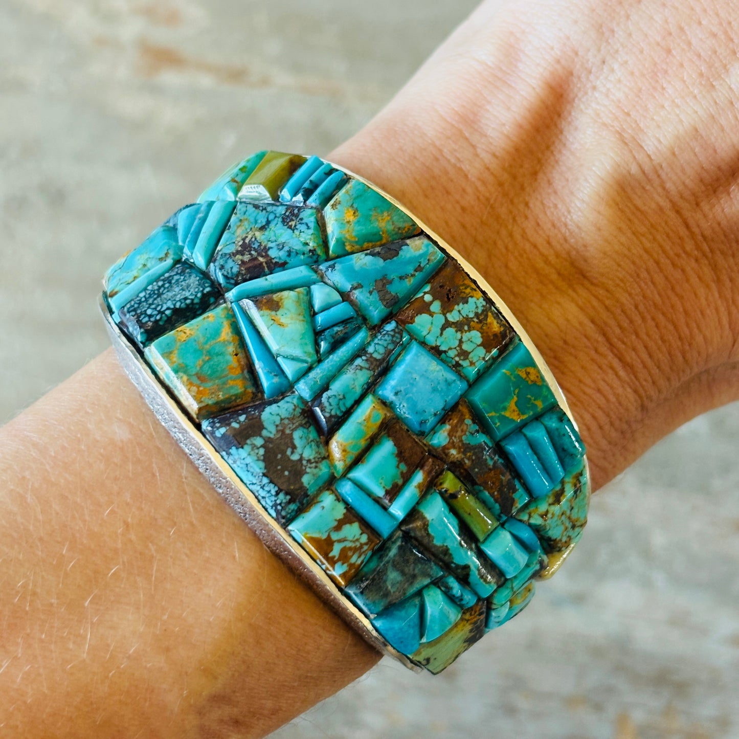 Navajo Lester James Sterling Silver & Mixed Turquoise Cobblestone Statement Cuff
