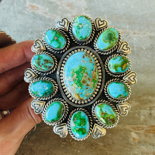 Navajo Hemerson Brown Sterling Silver & Sonoran Turquoise Hearts Cluster Cuff