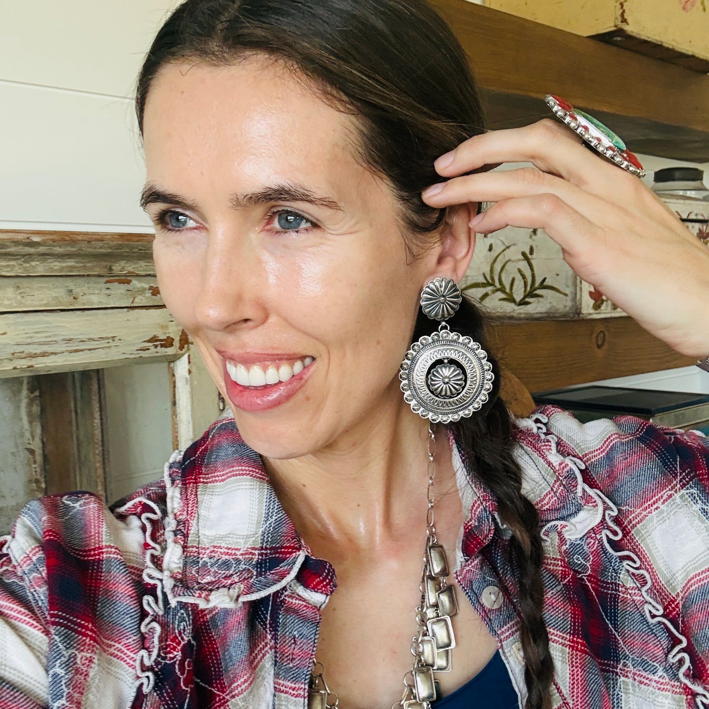 Navajo Eugene Charley Sterling Silver Concho Statement Earrings