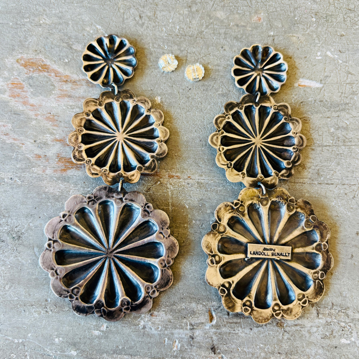 Navajo Landoll Benally Sterling Silver & Kingman Turquoise Concho Statement Earrings