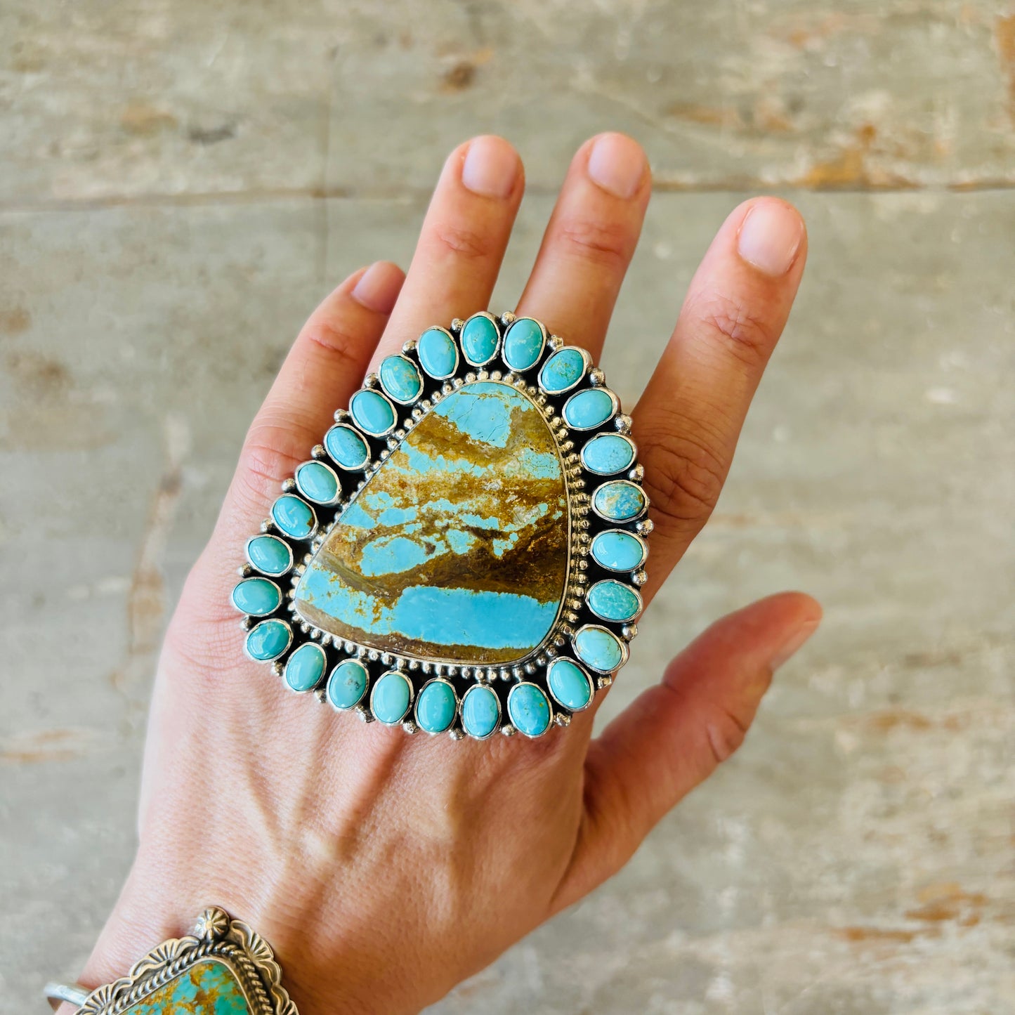 Navajo Tonya June Rafael Sterling Silver - #8 & Kingman Turquoise Cluster Ring
