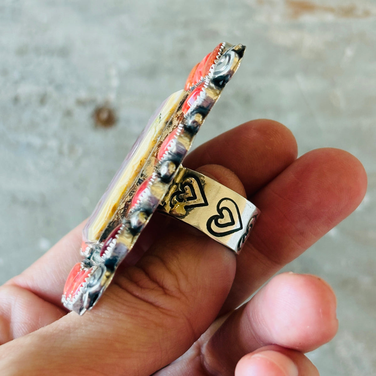 Navajo Hemerson Brown Sterling Silver - Red Spiny Oyster & Rainbow Dyed Crazy Lace Agate Hearts Ring