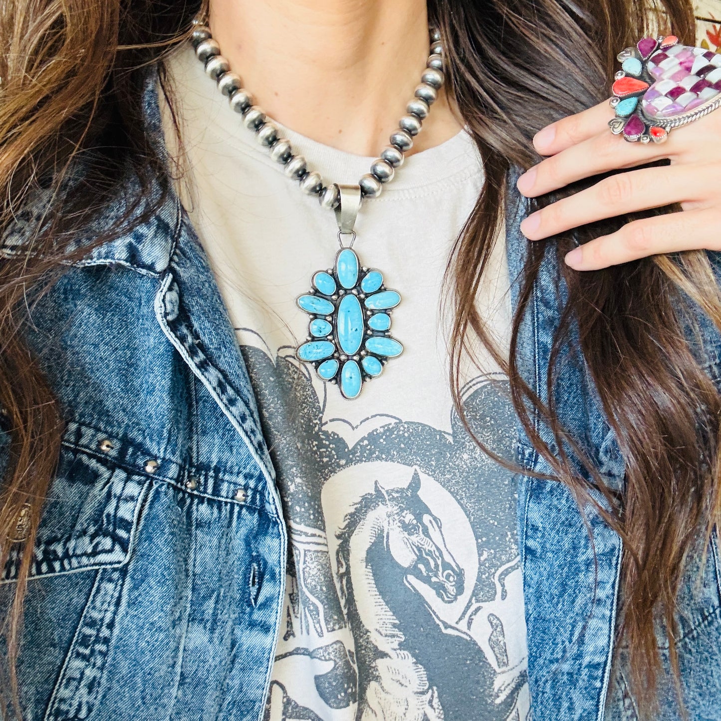 Navajo Sheila Becenti Sterling Silver & Kingman Turquoise Cluster Pendant