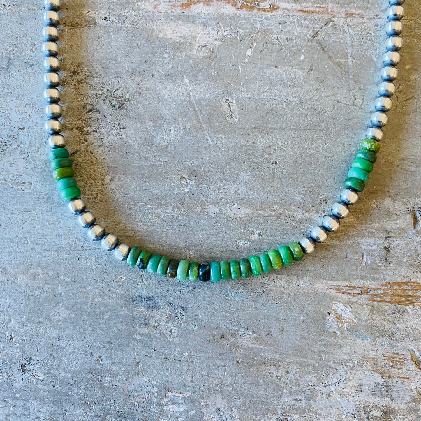 Navajo Strung Sterling Silver Machine Made Pearls & Green Turquoise Necklace