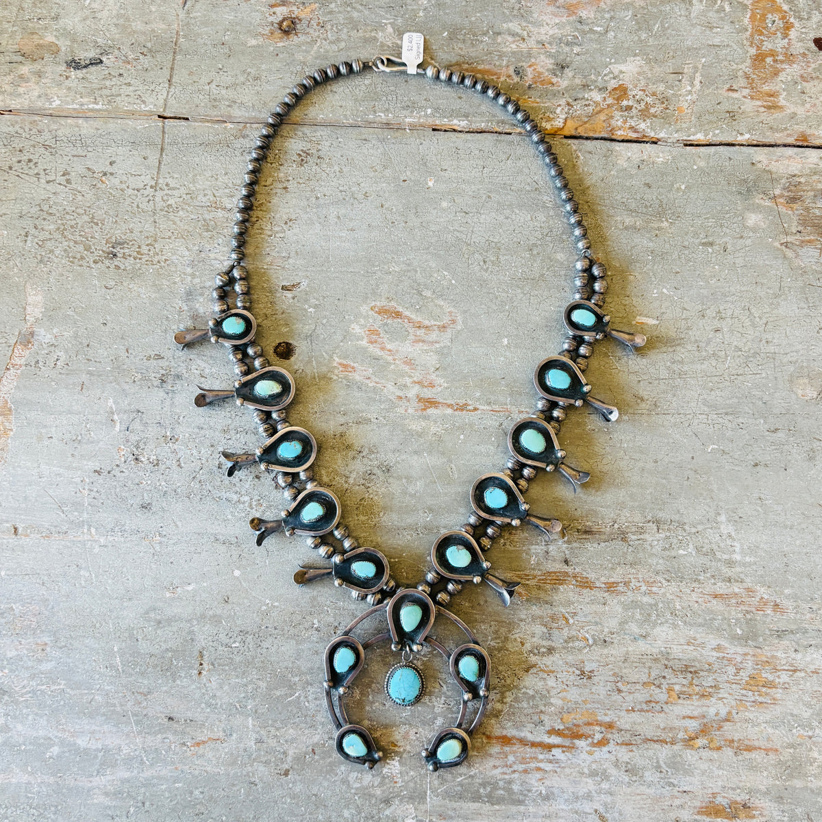 Vintage 1960s Navajo Signed Sterling Silver & Royston Turquoise Squash Blossom Necklace