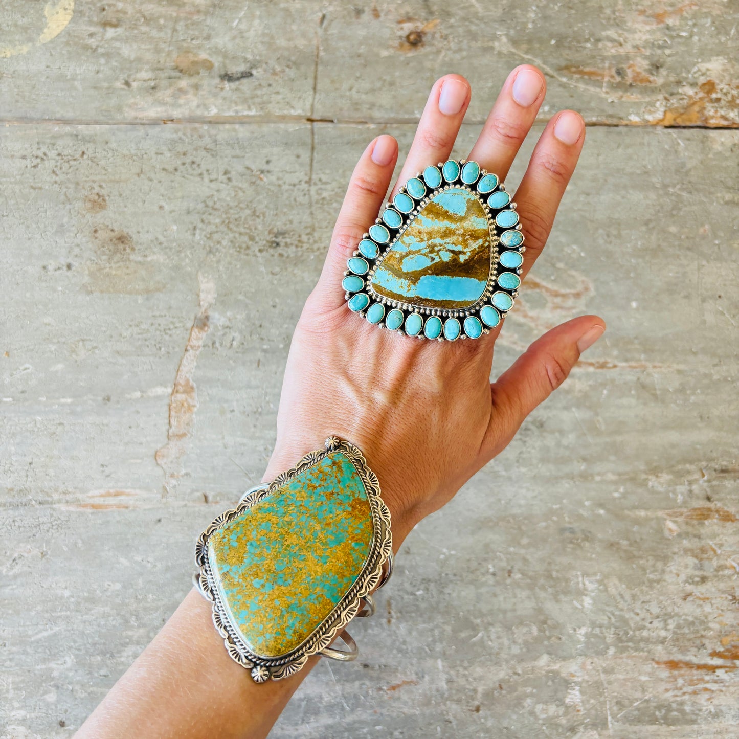 Navajo Tonya June Rafael Sterling Silver - #8 & Kingman Turquoise Cluster Ring