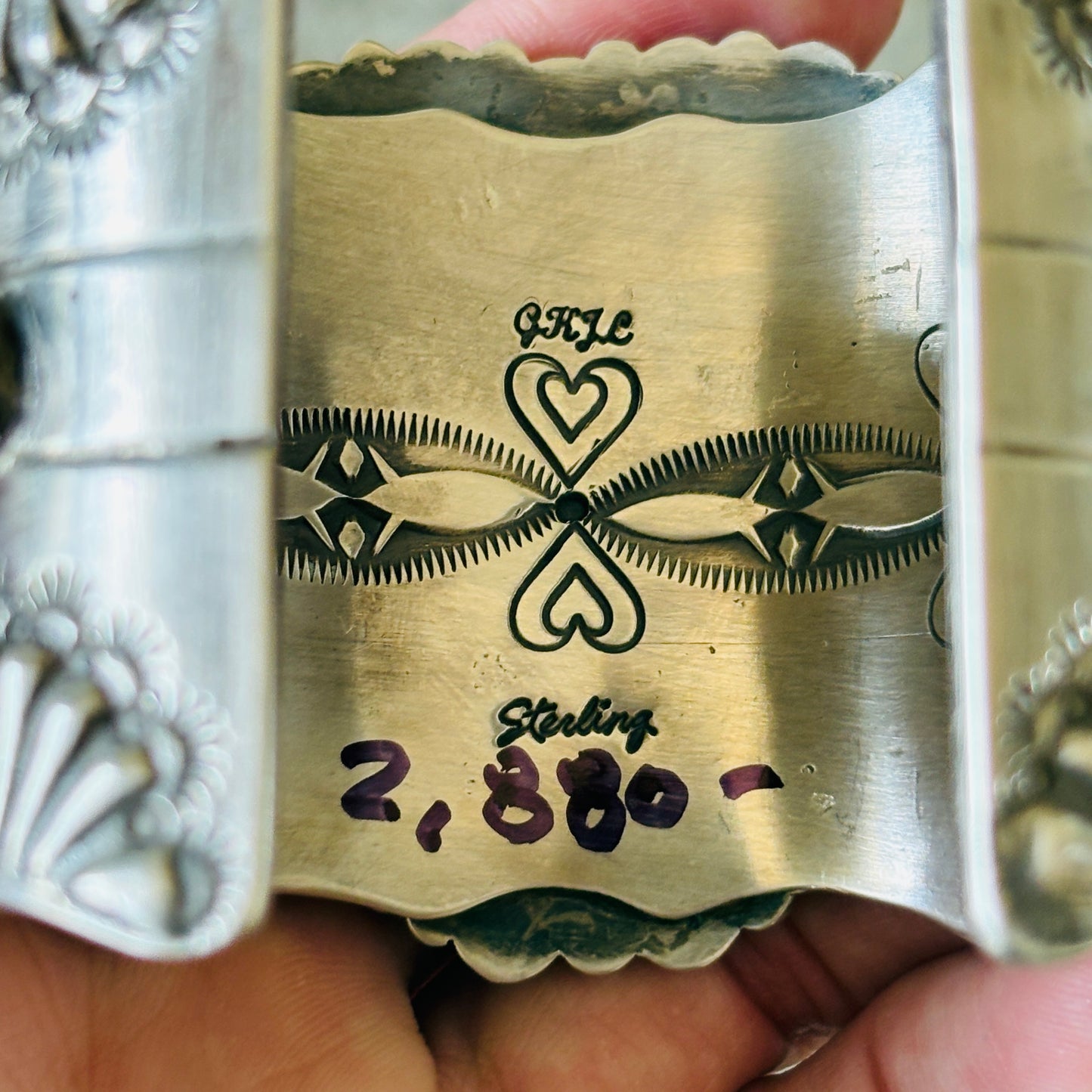 Navajo Glenn Livingston Sterling Silver - Red Coral & Wild Horse Jasper Heart Statement Cuff