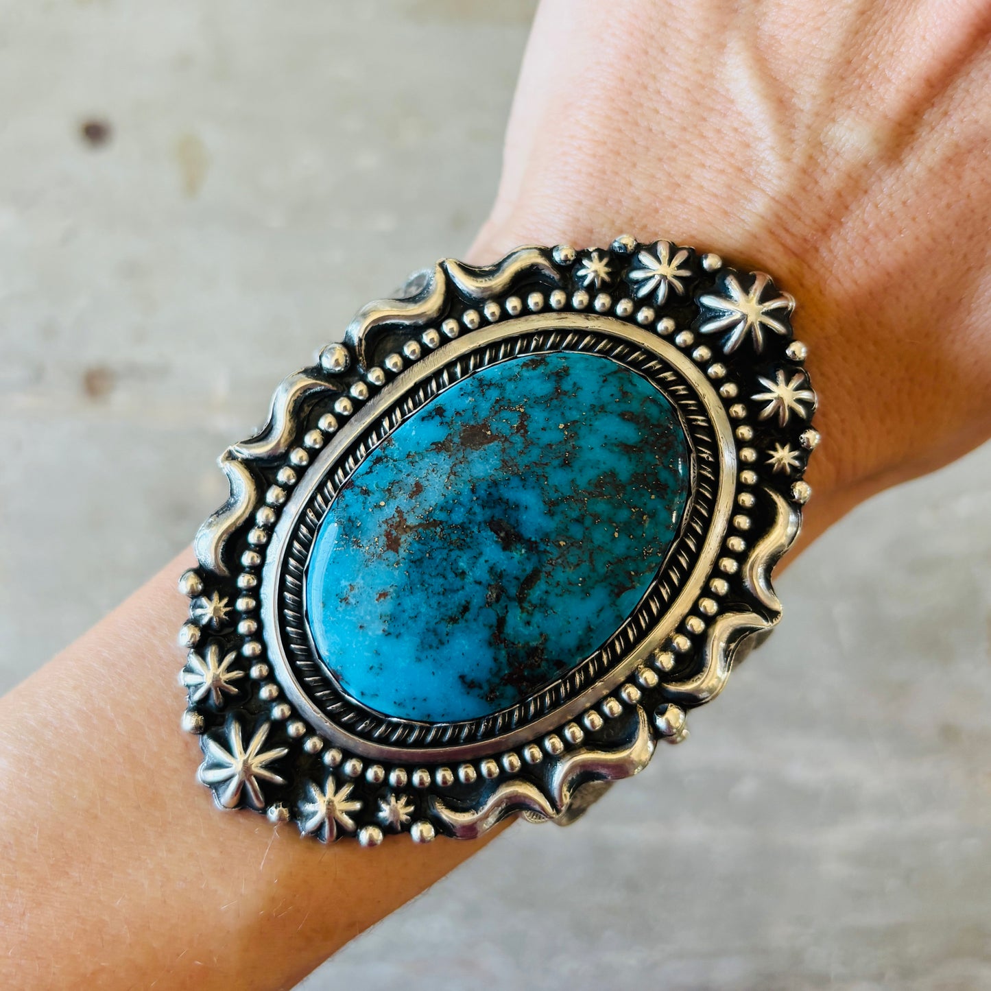 Navajo Glenn Livingston Sterling Silver & Desert Rose Turquoise Statement Cuff