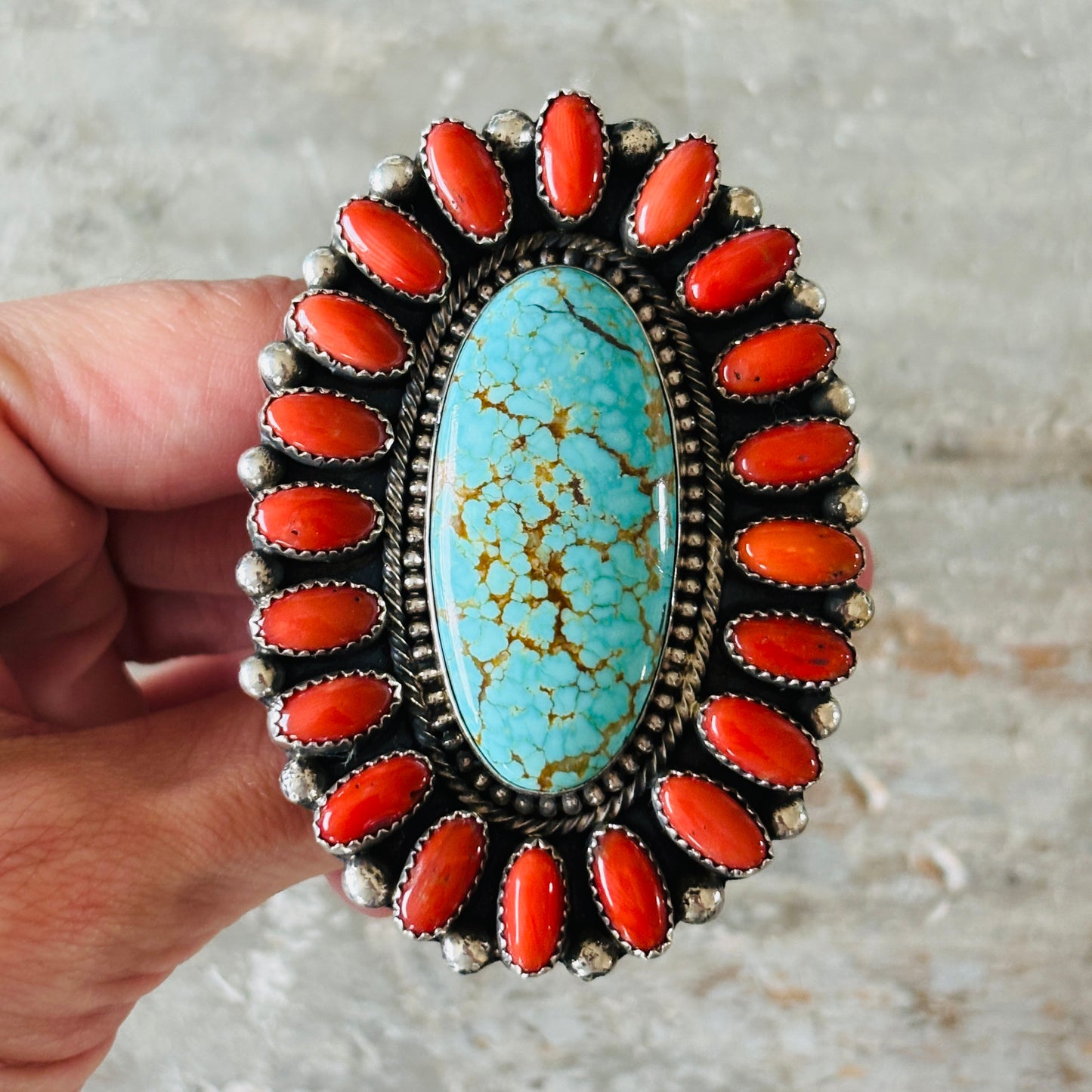 Navajo Hemerson Brown Sterling Silver - Red Coral & #8 Turquoise Cluster Statement Ring