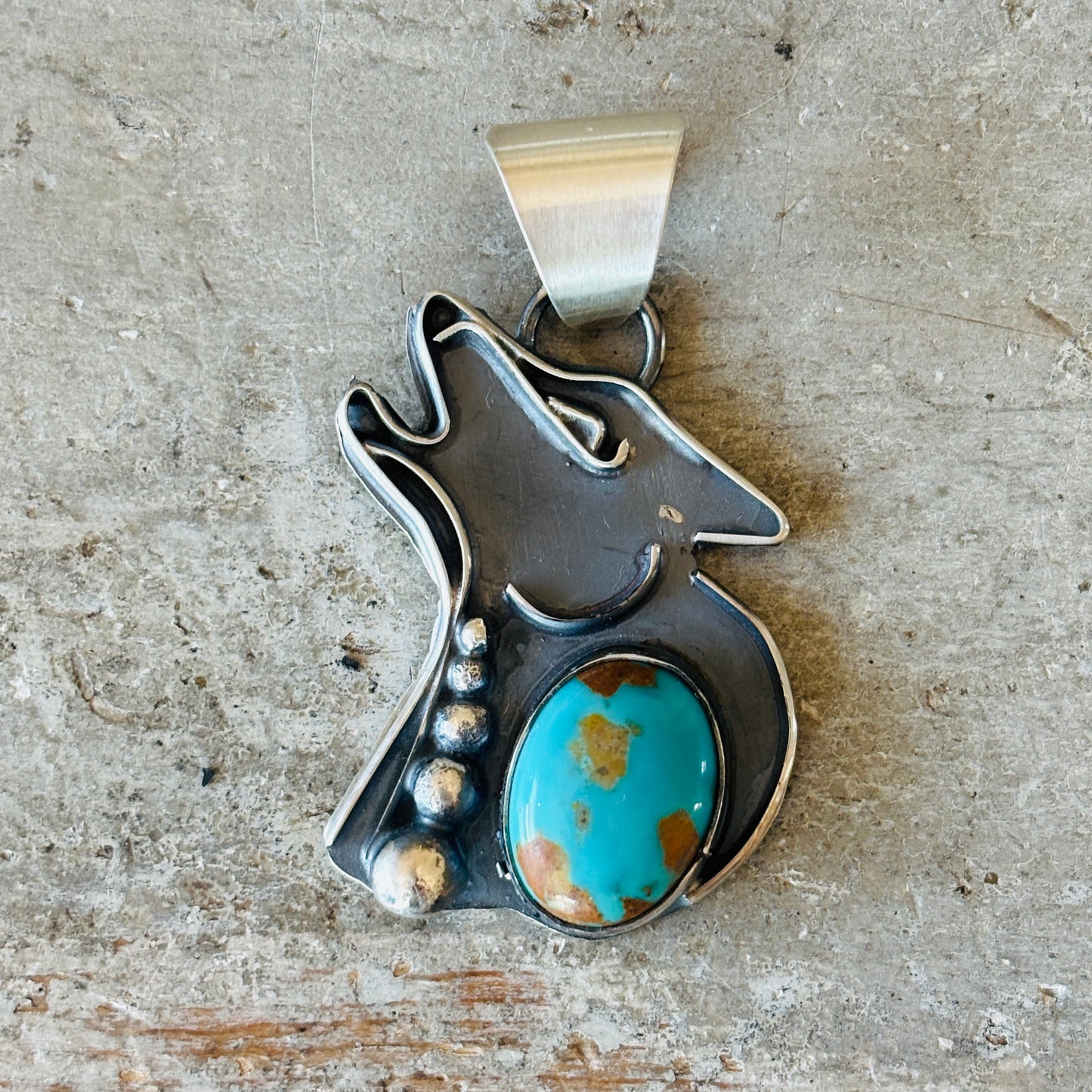 Navajo Miranda Willie Sterling Silver & Kingman Turquoise Howling Wolf Pendant