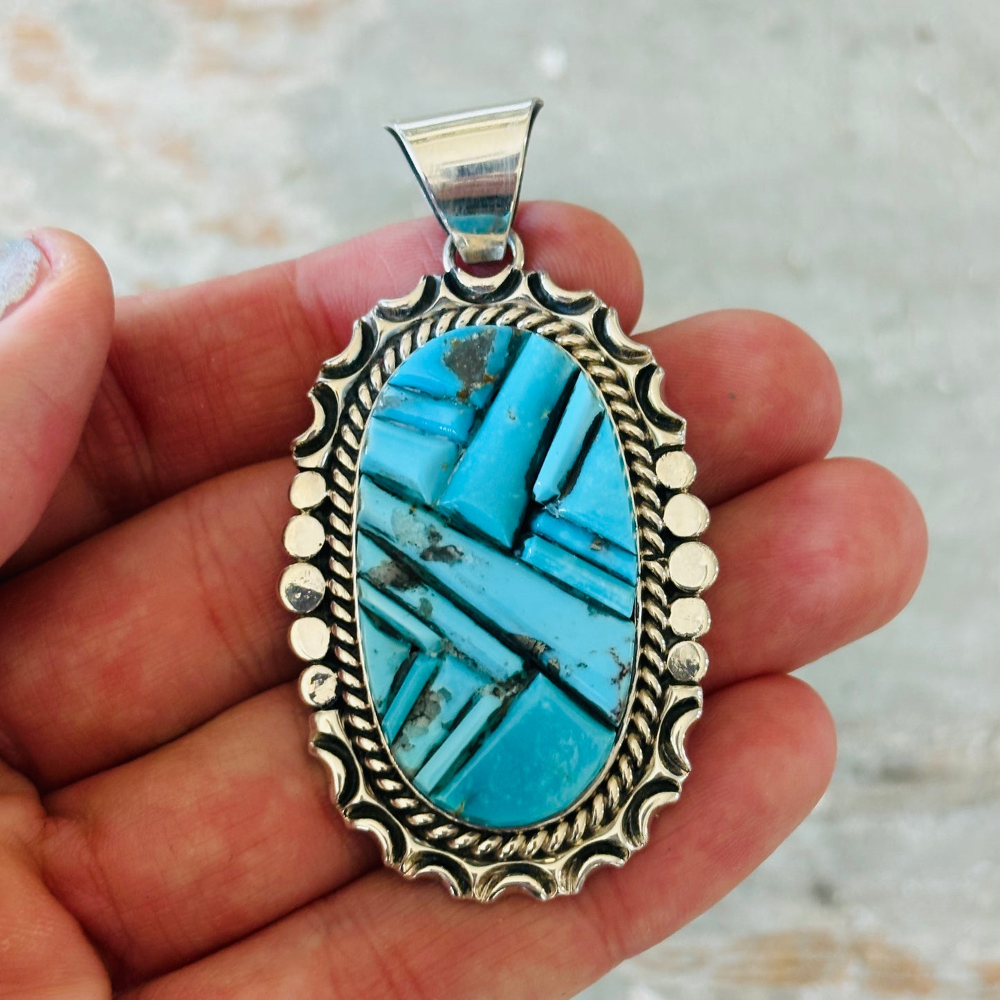 Navajo Morgan Spencer Sterling Silver & Kingman Turquoise Cobblestone Pendant