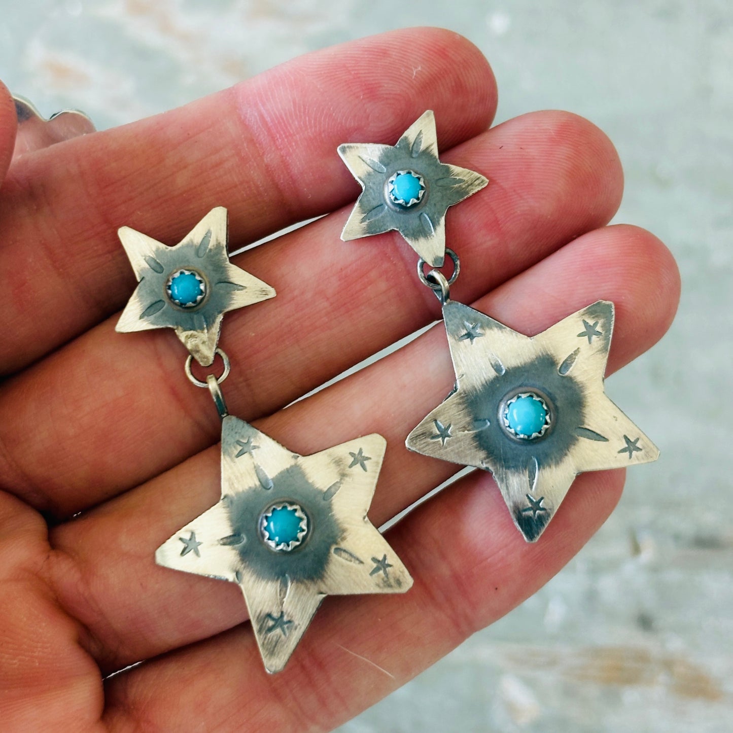 Navajo Pauline Nelson Sterling Silver & Kingman Turquoise Star Earrings