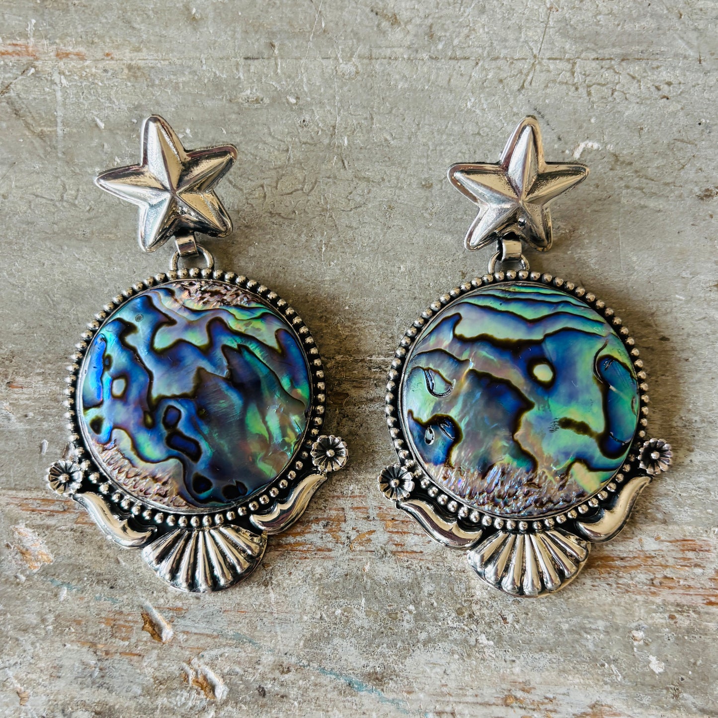 Navajo Hemerson Brown Sterling Silver & Abalone Star Statement Earrings