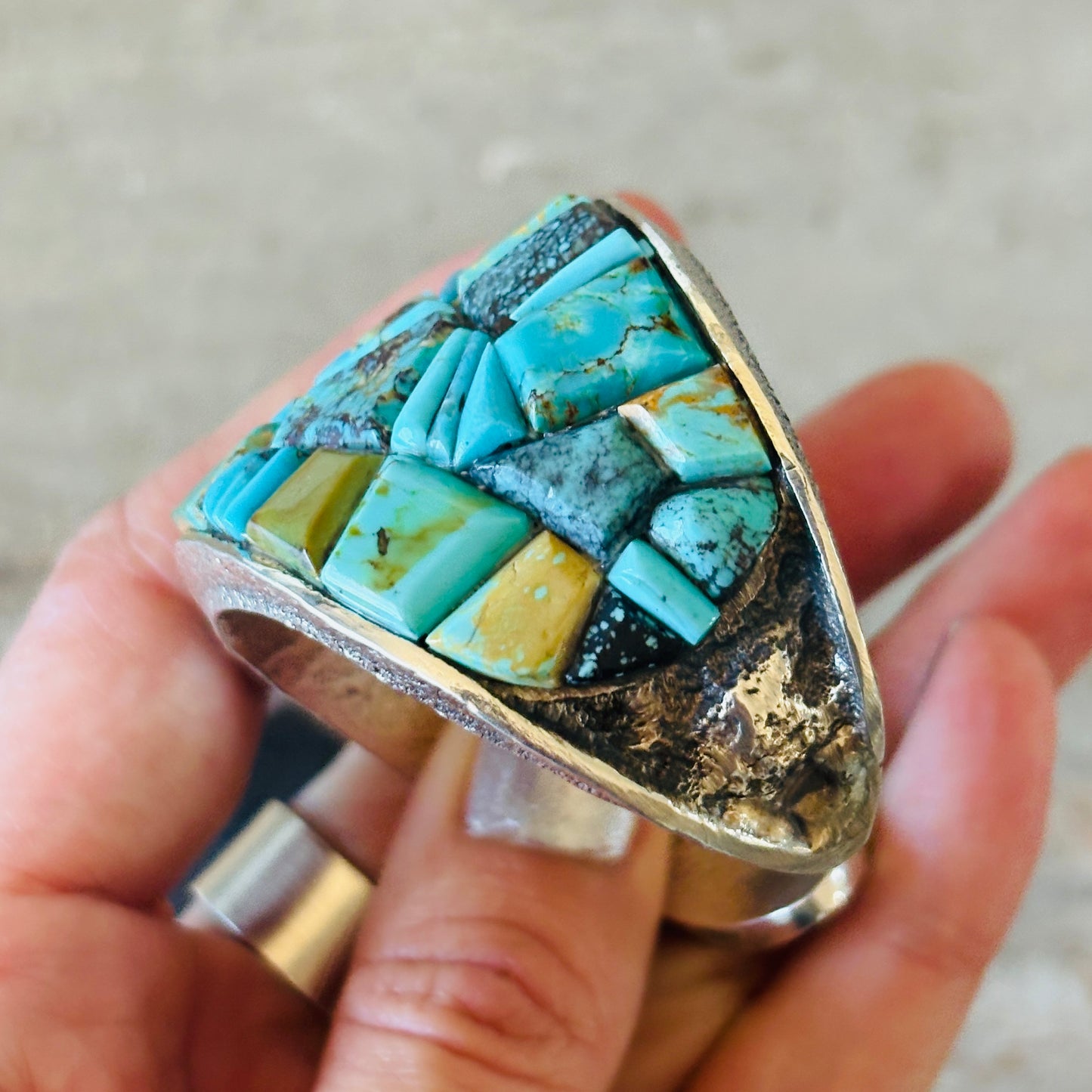 Navajo Lester James Sterling Silver & Mixed Turquoise Cobblestone Statement Cuff