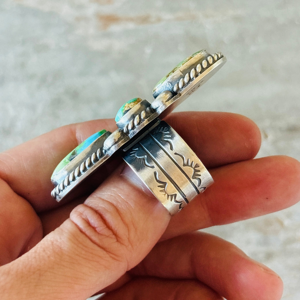 Navajo Delbert Secatero Sterling Silver & Sonoran Turquoise Three Stone Ring