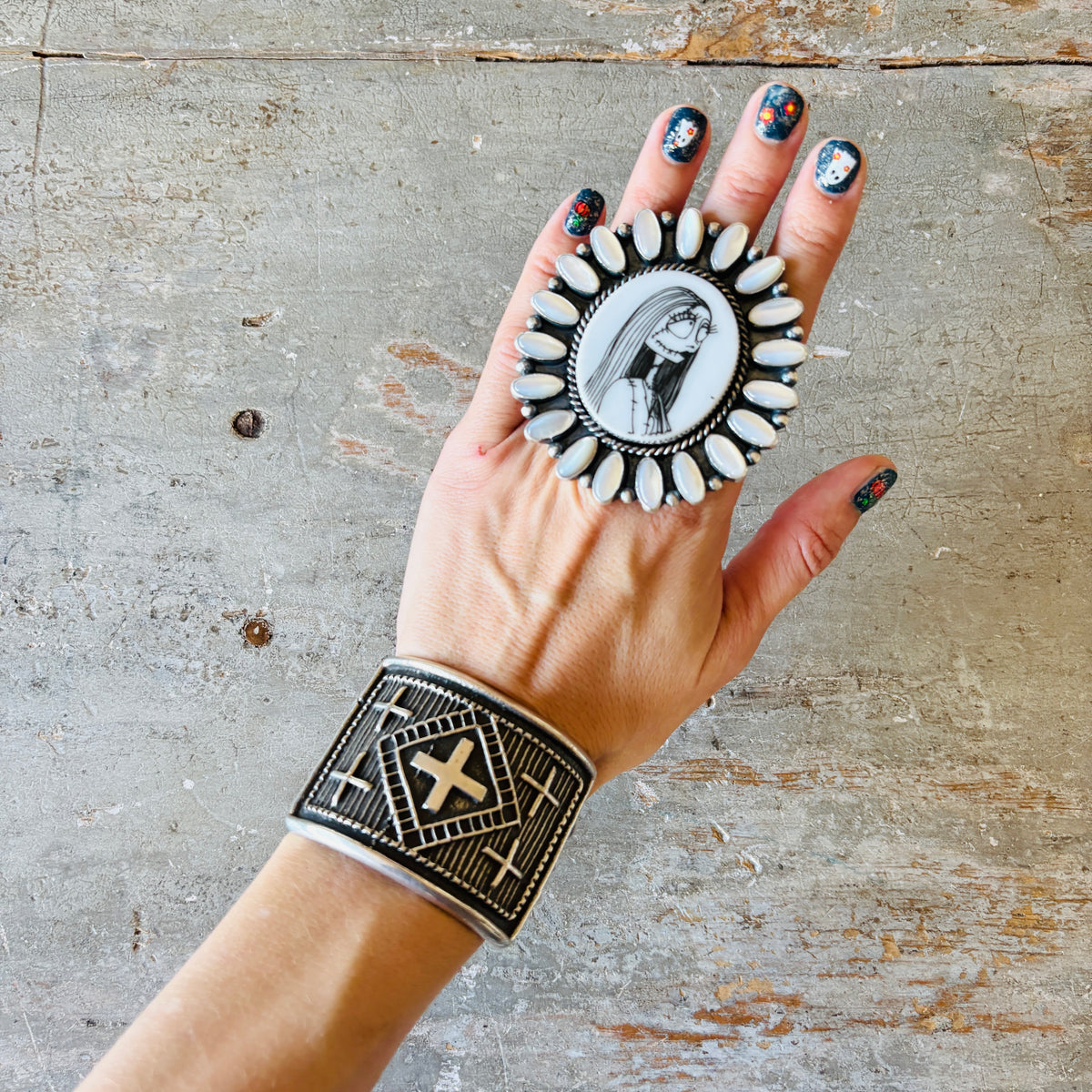 Navajo Kindale Billah Sterling Silver - Ceramic & Mother of Pearl Sally Ring