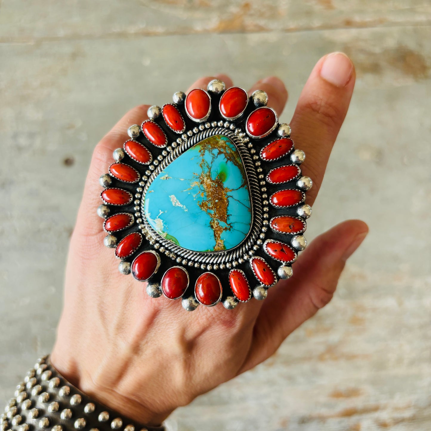 Navajo Hemerson Brown Sterling Silver - Sonoran Turquoise & Mediterranean Red Coral Cluster Statement Ring