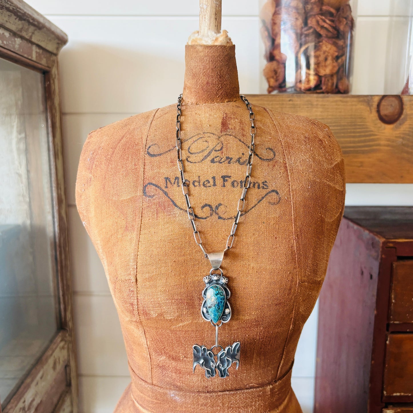 Navajo Miranda Willie Sterling Silver & Chryscolla Horses Pendant