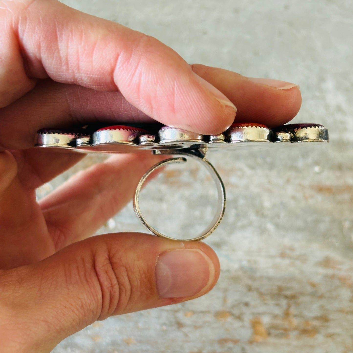 Navajo Hemerson Brown Sterling Silver - Orange - Purple Spiny & Kingman Turquoise Heart Cobblestone Ring