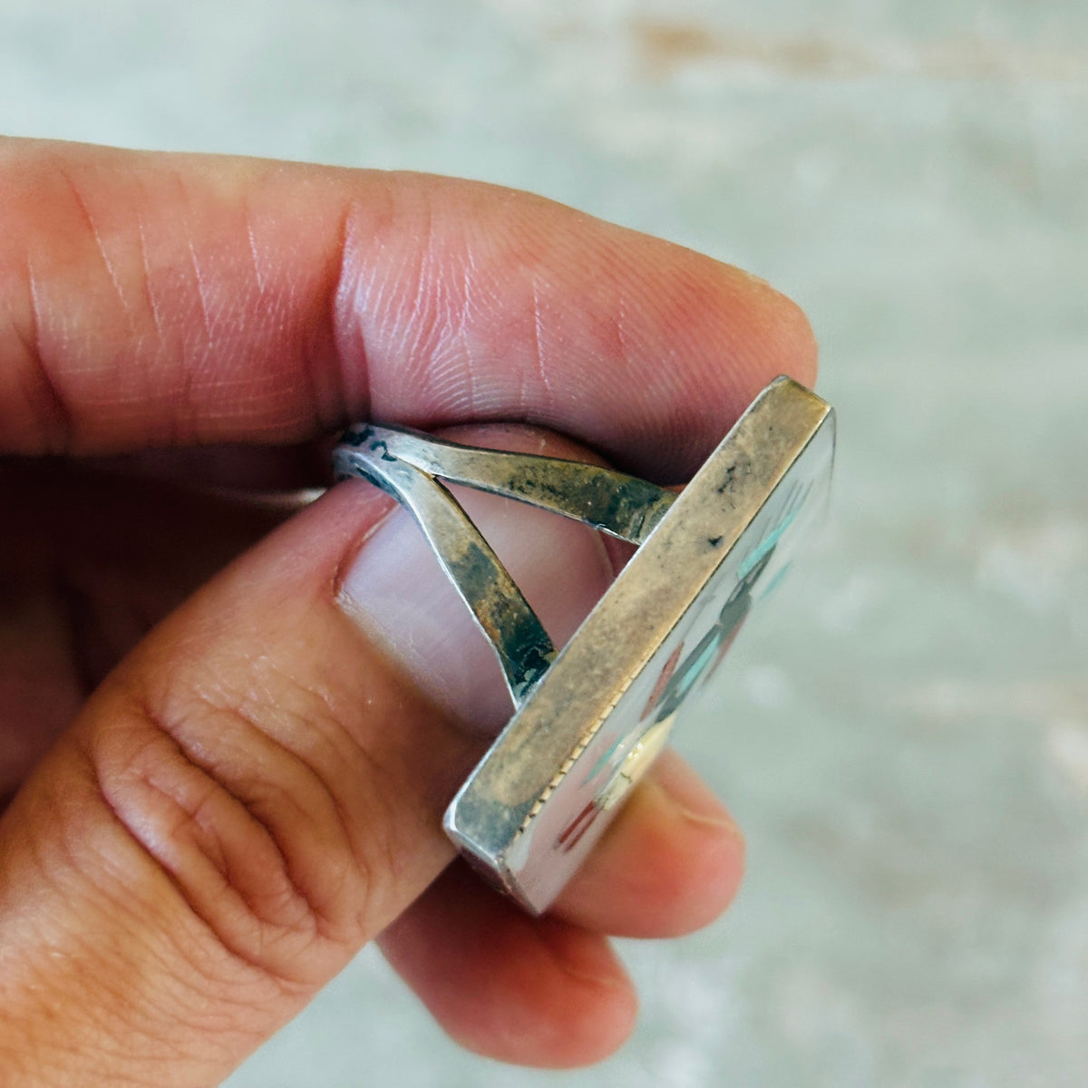 Vintage Zuni Signed Sterling Silver Multi Stone Inlay Crown Dancer Ring