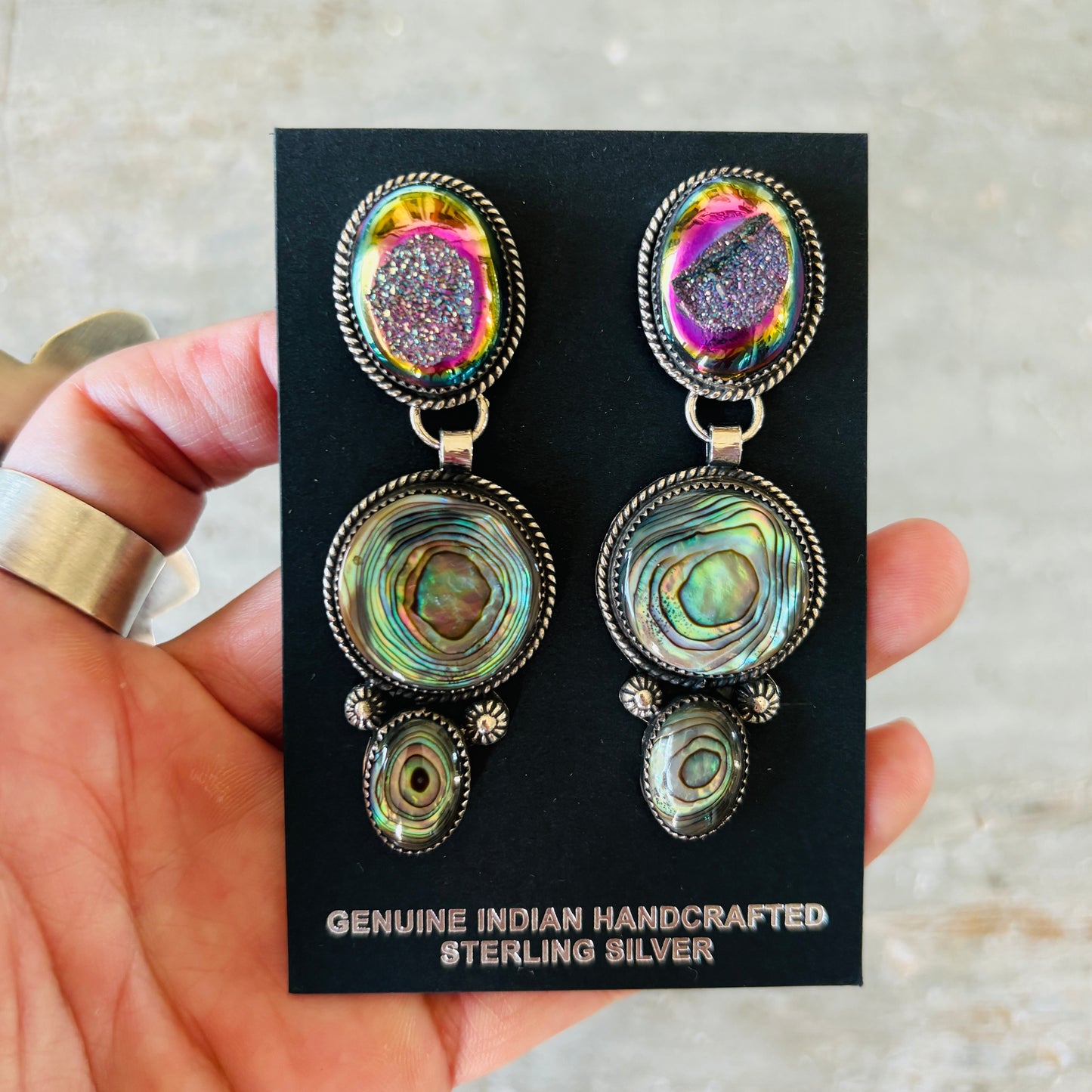 Navajo Hemerson Brown Sterling Silver - Abalone & Druzy Statement Earrings