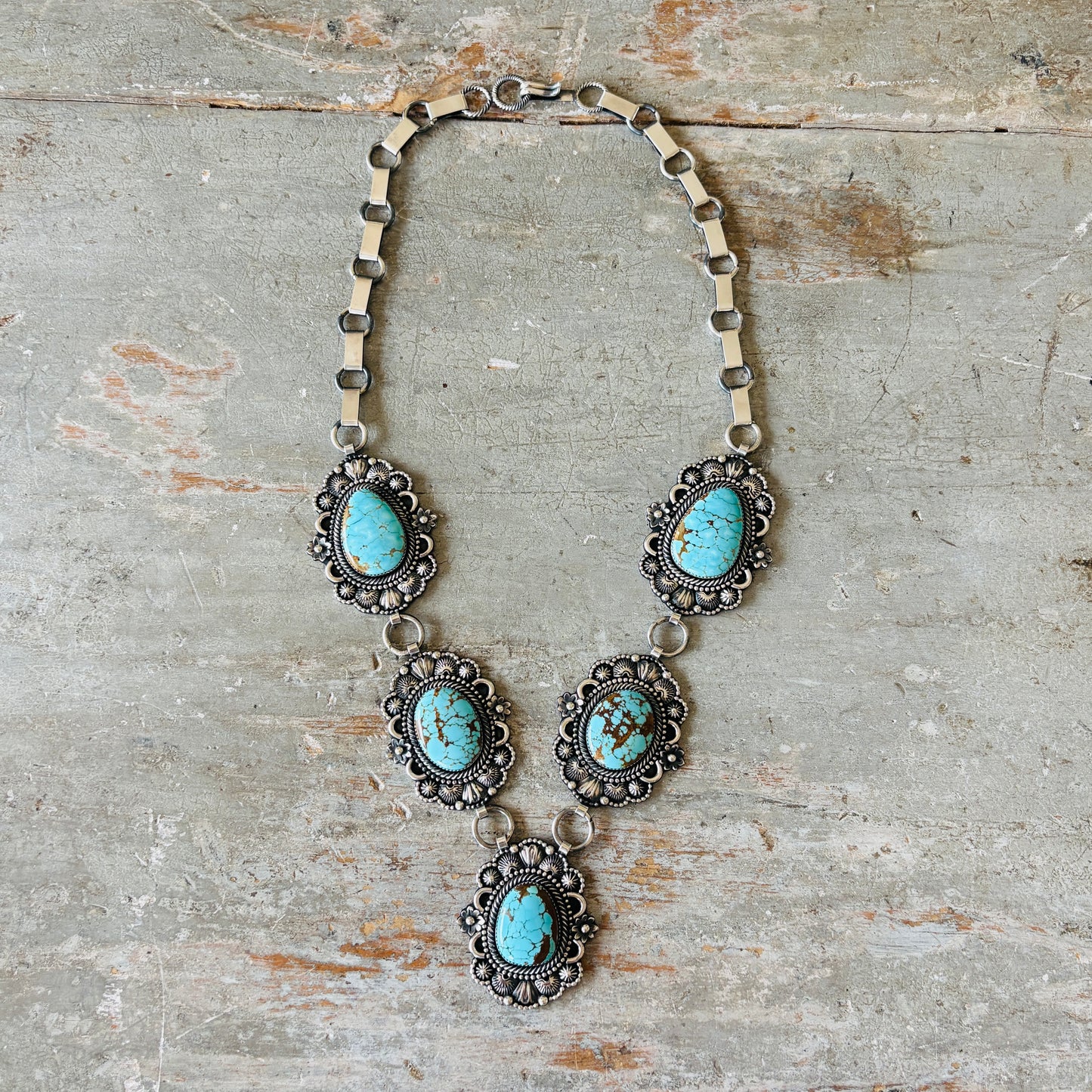 Navajo Braxton Parkett Sterling Silver & #8 Turquoise Statement Necklace