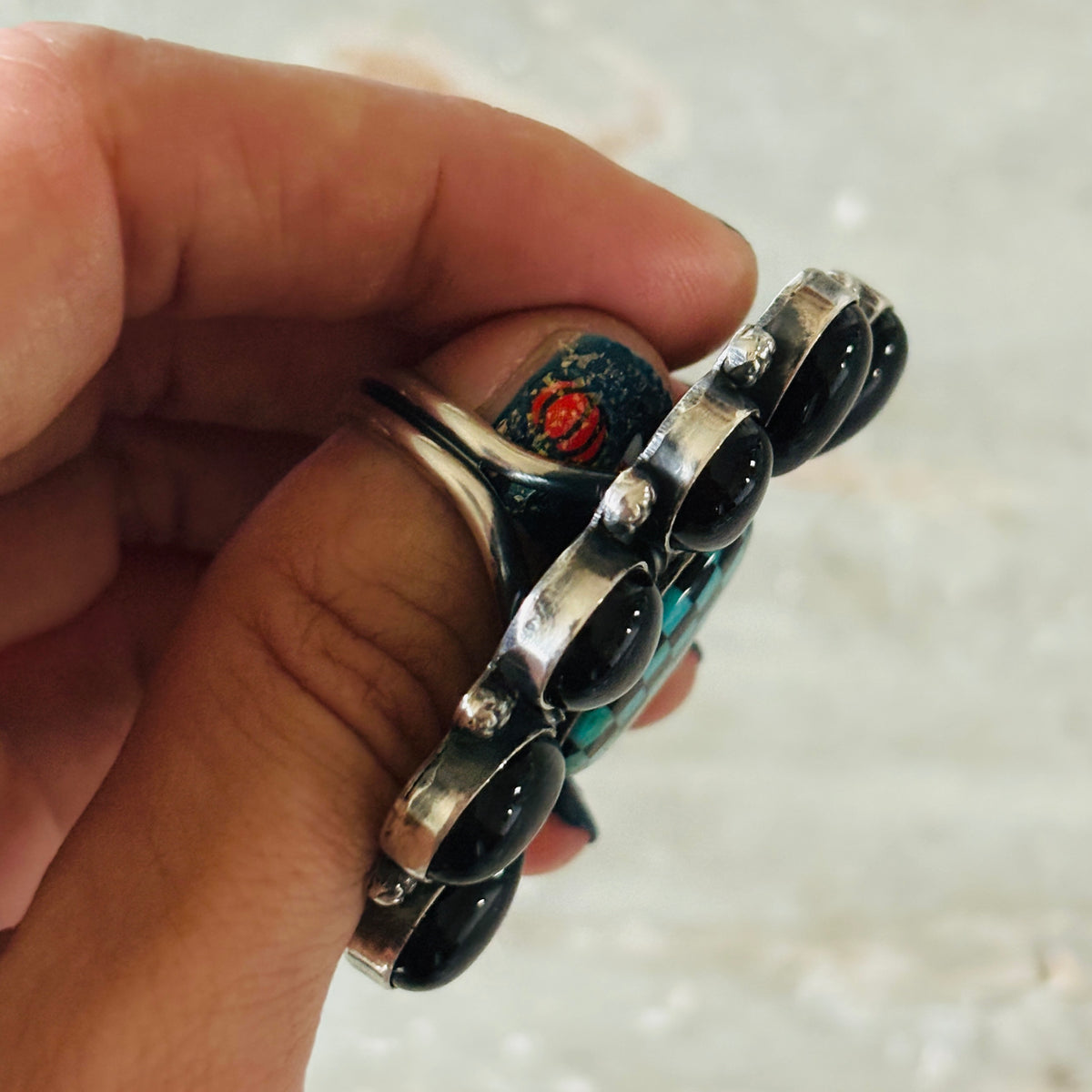 Navajo Faith Begay Sterling Silver - Black Onyx & Turquoise Checkerboard Ring