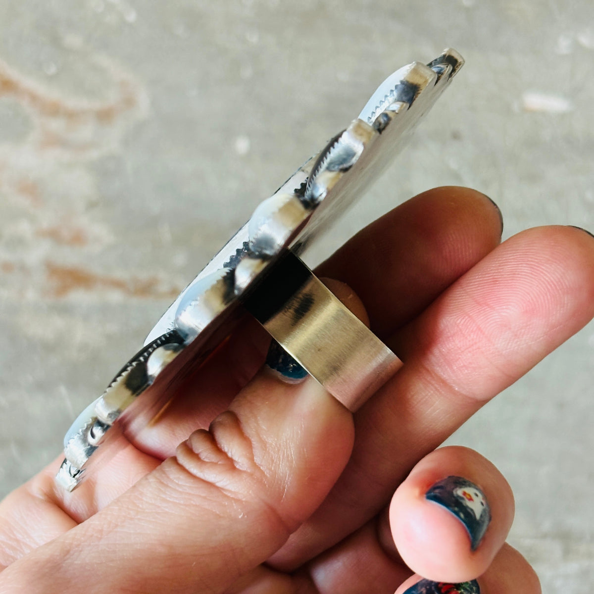 Navajo Kindale Billah Sterling Silver - Ceramic - Mother of Pearl & Black Onyx Witch Ring