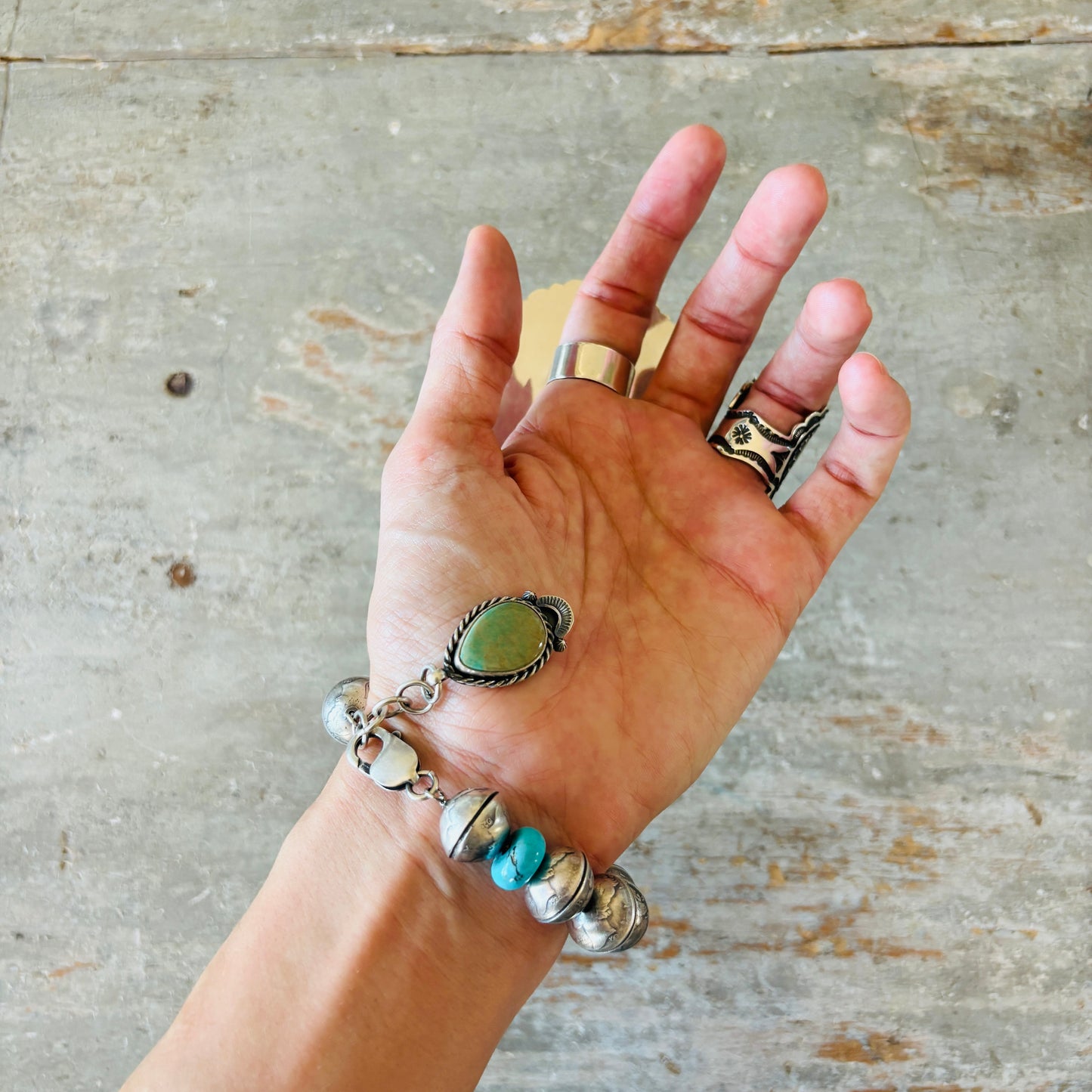 Navajo James McCabe Sterling Silver - Royston & Kingman Turquoise Liberty Dimes Beads Bracelet