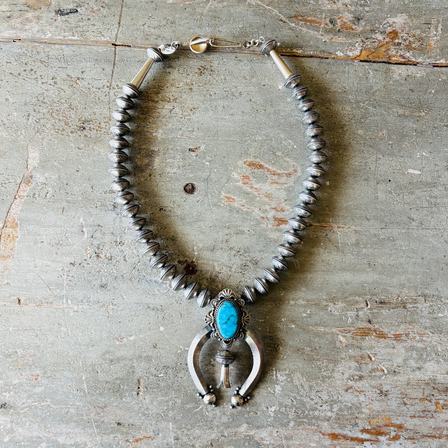 Navajo James McCabe Sterling Silver - Liberty Dime & Kingman Turquoise Squash Blossom Necklace