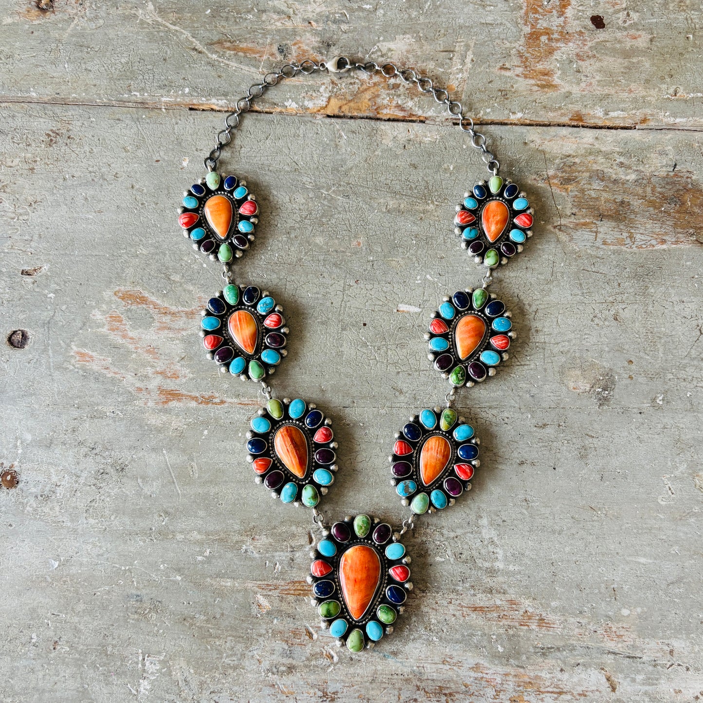 Navajo Taliah Benally Sterling Silver Multi Stone Cluster Necklace