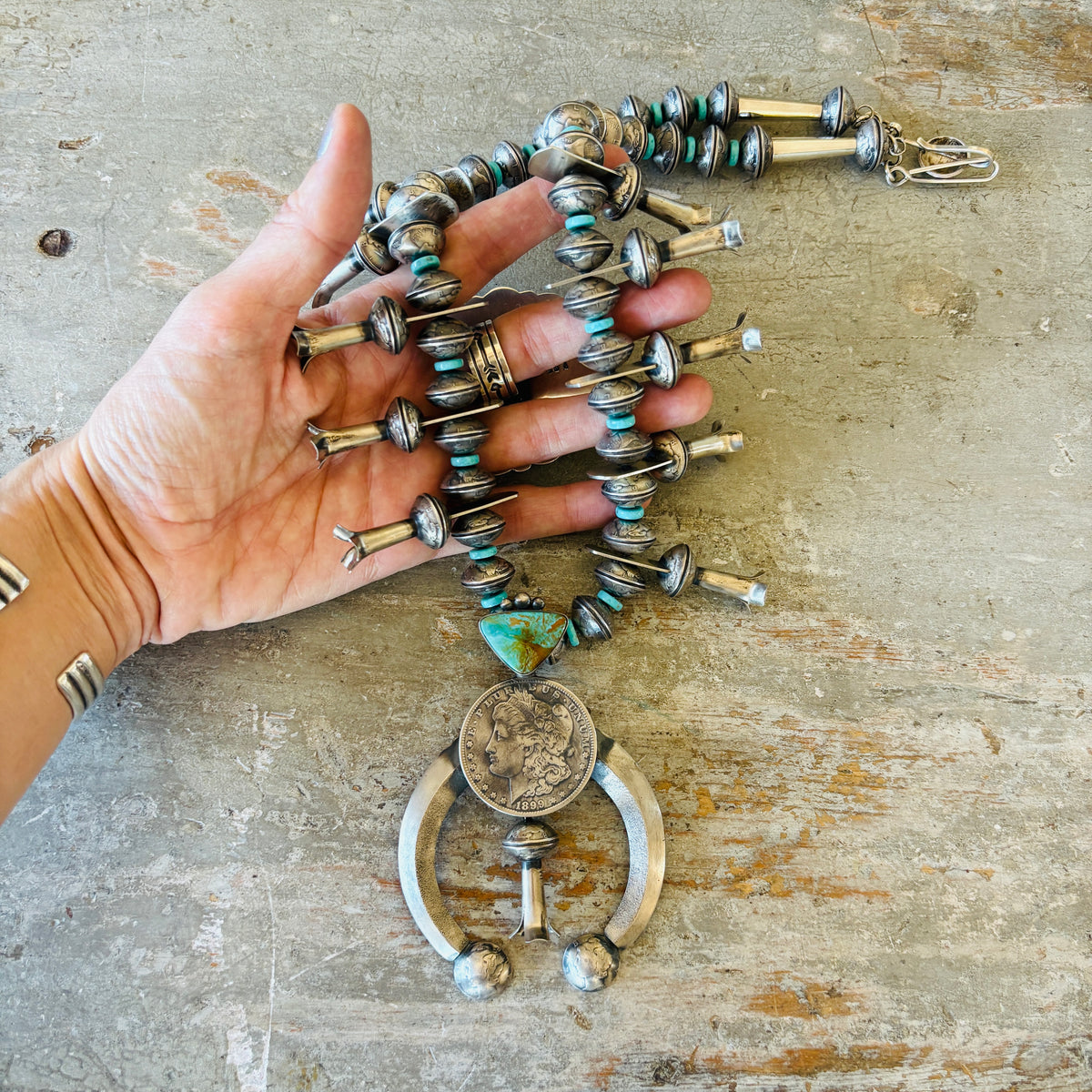 Navajo James McCabe Sterling Silver & Kingman Turquoise Liberty Dime Beads Squash Blossom Necklace