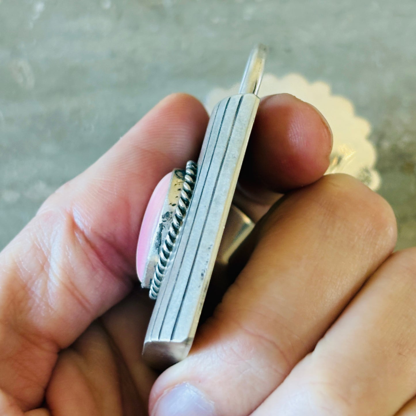 Navajo Charley Johnson Sterling Silver & Pink Conch Heart Lock Pendant