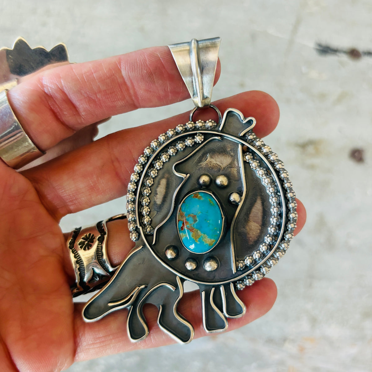 Navajo Miranda Willie Sterling Silver & Kingman Turquoise Howling Wolf Pendant
