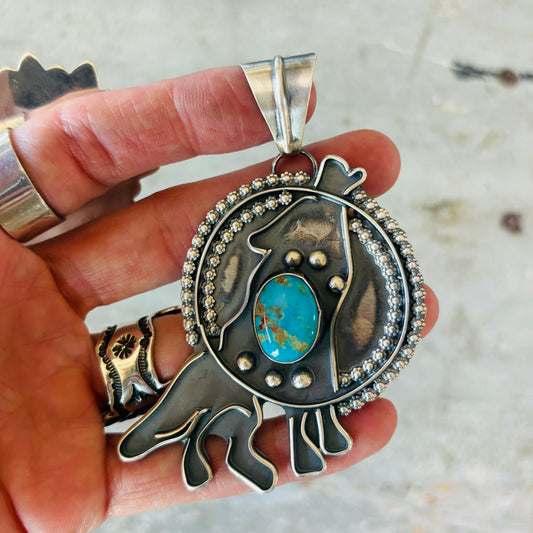 Navajo Miranda Willie Sterling Silver & Kingman Turquoise Howling Wolf Pendant